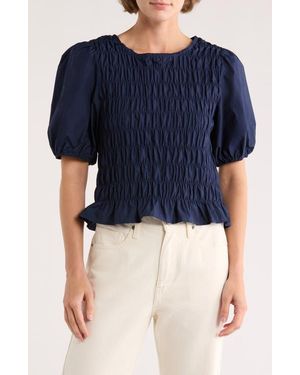 Sanctuary Nanette Puff Sleeve Smocked Crop Top - Blue
