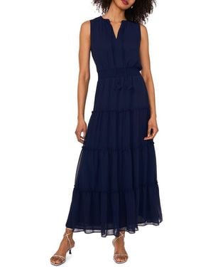 1.STATE Tie Neck Sleeveless Tiered Maxi Dress - Blue