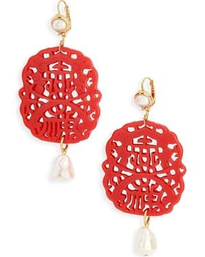 Kenneth Jay Lane Carved Stone Faux Pearl Drop Earrings - Red