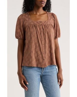 Lucky Brand Floral Square Neck Button Top - Brown
