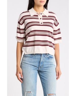 INTERNATIONAL Stripe Short Sleeve Crop Polo Sweater - Red