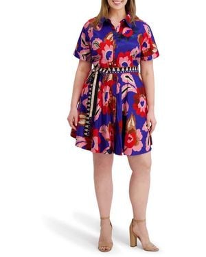 Kensie Printed Belted Shirtdress - Red