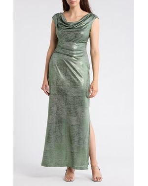 Connected Apparel Metallic Cowl Neck Sleeveless Gown - Green