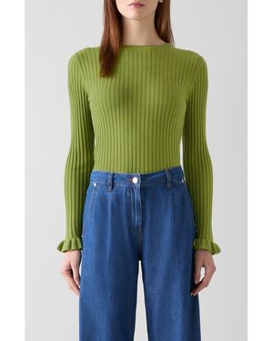 LK Bennett Yara Ruffle Cuff Rib Crewneck Sweater - Green