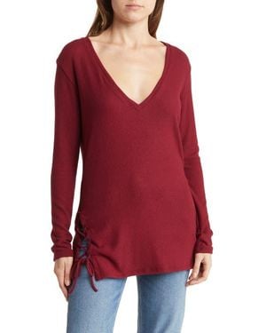 Go Couture V-Neck Dolman Sleeve Double Lace-Up T-Shirt - Red