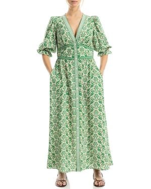 Max Studio V-Neck Puff Sleeve Maxi Dress - Green