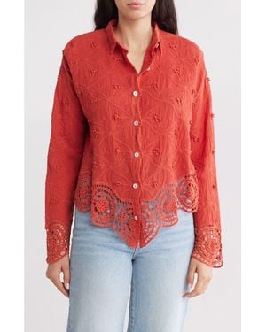 Forgotten Grace Floral Lace Trim Long Sleeve Button-Up Shirt - Red