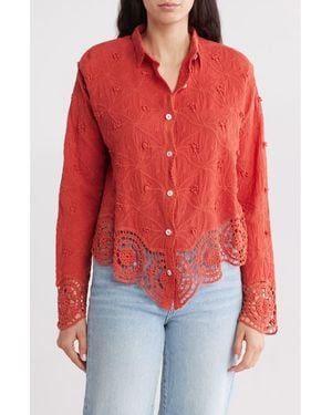Forgotten Grace Floral Lace Trim Long Sleeve Button-Up Shirt - Red