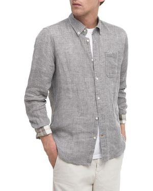 Barbour Linton Tailored Fit Check Linen Button-Down Shirt - Gray