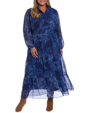 London Times Paisley Long Sleeve Tiered Chiffon Maxi Dress - Blue