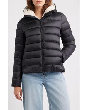 Save The Duck Gretel Faux Shearling Lining Hooded Puffer Jacket - Black