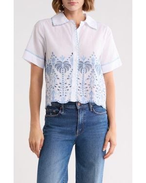 Joie Palm Embroidered Short Sleeve Button Front Shirt - Blue