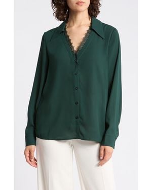 Gemma Jane V-Neck Lace Trim Button-Up Shirt - Green