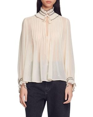 Sandro Jacinthe Split Neck Blouse - Natural