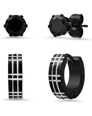 HMY Jewelry Set Of 2 Two-Tone Stainless Steel Crystal Stud & Hoop Earrings - Black