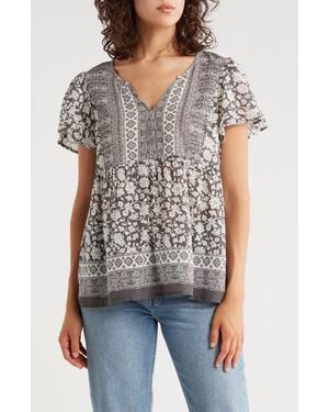 Lucky Brand Mix Floral Print Flutter Sleeve Cotton Top - Multicolor