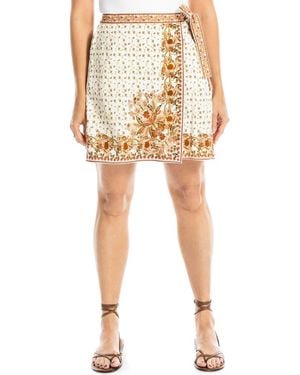 Max Studio Embroidered Border Print Wrap Miniskirt - Natural