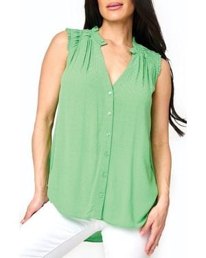 Gibsonlook Sleeveless Smocked Shoulder Button-Up Top - Green
