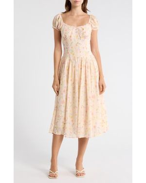 Lush Floral Cap Sleeve Fit & Flare Midi Dress - Natural