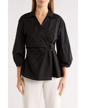 Gemma Jane Draped D-Ring Faux Wrap Top - Black