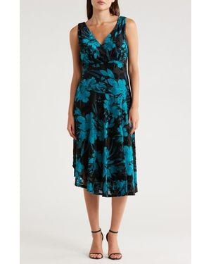 Connected Apparel Velvet Burnout Midi Dress - Blue