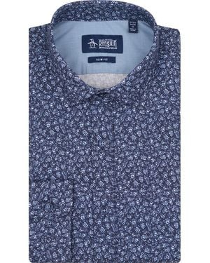 Original Penguin Floral Stencil Stretch Cotton Slim Fit Dress Shirt - Blue