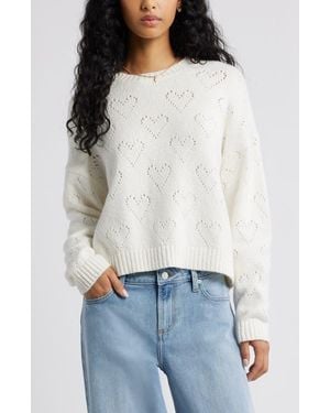 BP. Pointelle Heart Cotton Blend Sweater - White