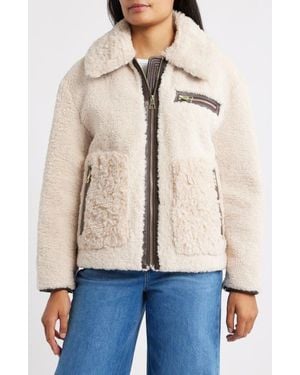 BCBGMAXAZRIA Faux Shearling Zip Front Jacket - Natural