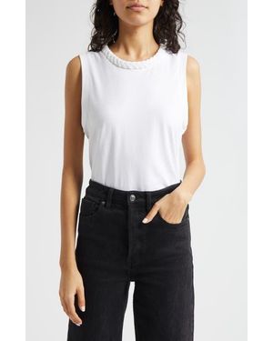 Cinq À Sept Braid Accent Sleeveless Cotton T-Shirt - White