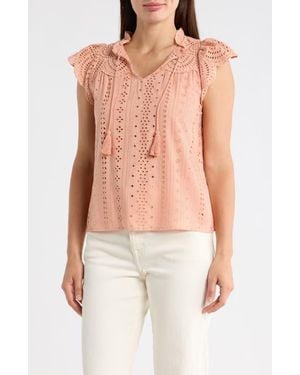 Tahari Embroidered Eyelet Cap Sleeve Top - Pink