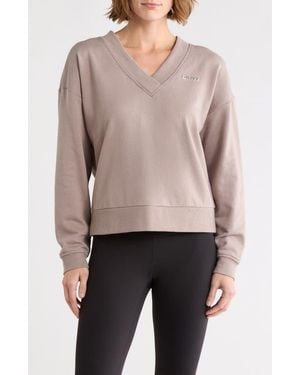 DKNY Metallic Logo V-Neck French Terry Sweatshirt - Pink