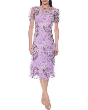 Marina Floral Embroidered Short Sleeve Midi Dress - Purple