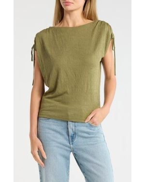 Max Studio Ruched Shoulder Textured Knit Top - Green