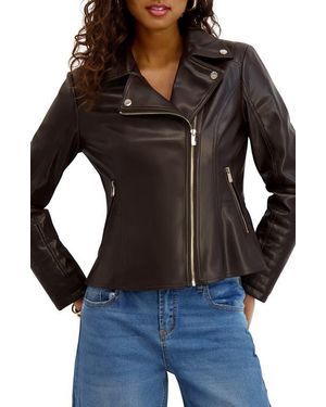 Kensie Peplum Back Faux Lether Moto Jacket - Black