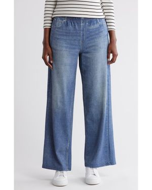 ecru Mirage Denim Printed French Terry Wide Leg Pants - Blue