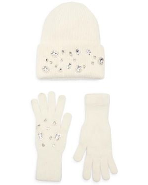 La Fiorentina Rhinestone Beanie & Gloves Set - Natural
