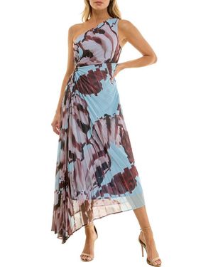 Socialite Floral Metallic Stripe One-Shoulder Pleated Dress - Blue