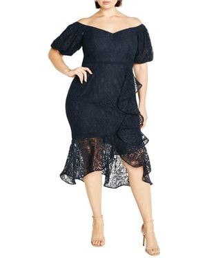 City Chic Lily Off The Shoulder Lace Dress - Blue