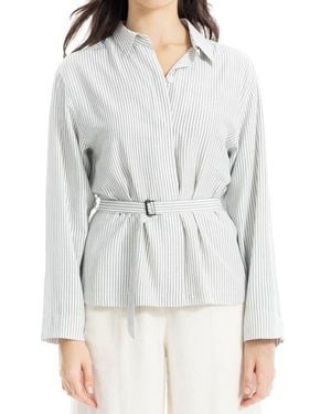 Max Studio Stripe Belted Button-Up Shirt - Gray