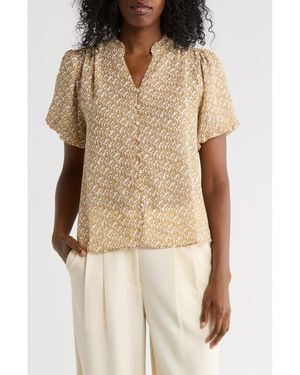 Adrianna Papell Bubble Sleeve Covered Button-Up Top - Natural