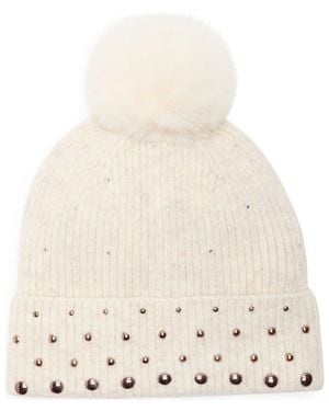 BCBGMAXAZRIA Studded Faux Fur Pompom Beanie - Natural