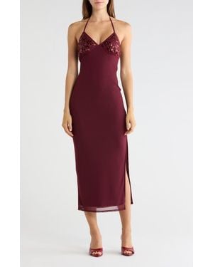 Madden Girl Sequin And Beaded Halter Maxi Dress - Red