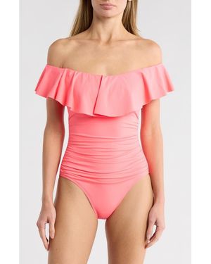 La Blanca Off The Shoulder Ruffle One-Piece Swimsuit - Pink