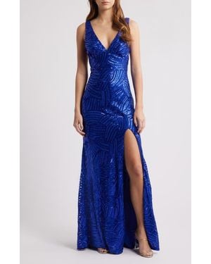 City Studios Royal Sequin Side Slit Gown - Blue