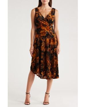 Connected Apparel Velvet Burnout Midi Dress - Brown