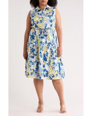 Calvin Klein Floral Cap Sleeve A-Line Midi Dress - Blue