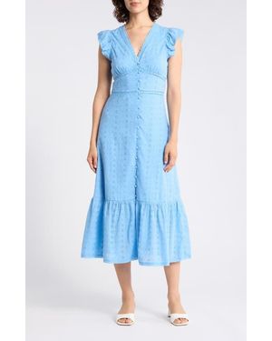 Ellen Tracy Embroidered Eyelet Cap Sleeve Cotton Poplin Midi Dress - Blue