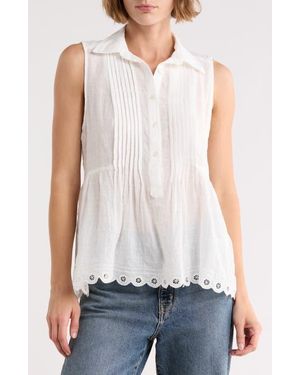 Max Studio Sleeveless Button Front Eyelet Top - White