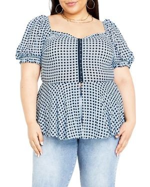 City Chic Isobel Gingham Puff Sleeve Peplum Top - Blue