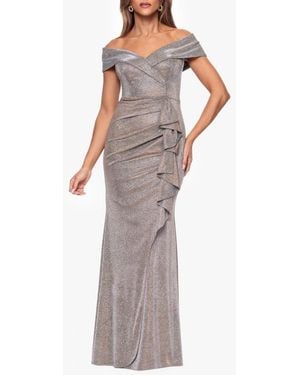 Xscape Evenings Cascade Ruffle Detail Off The Shoulder Metallic Knit Gown - Purple
